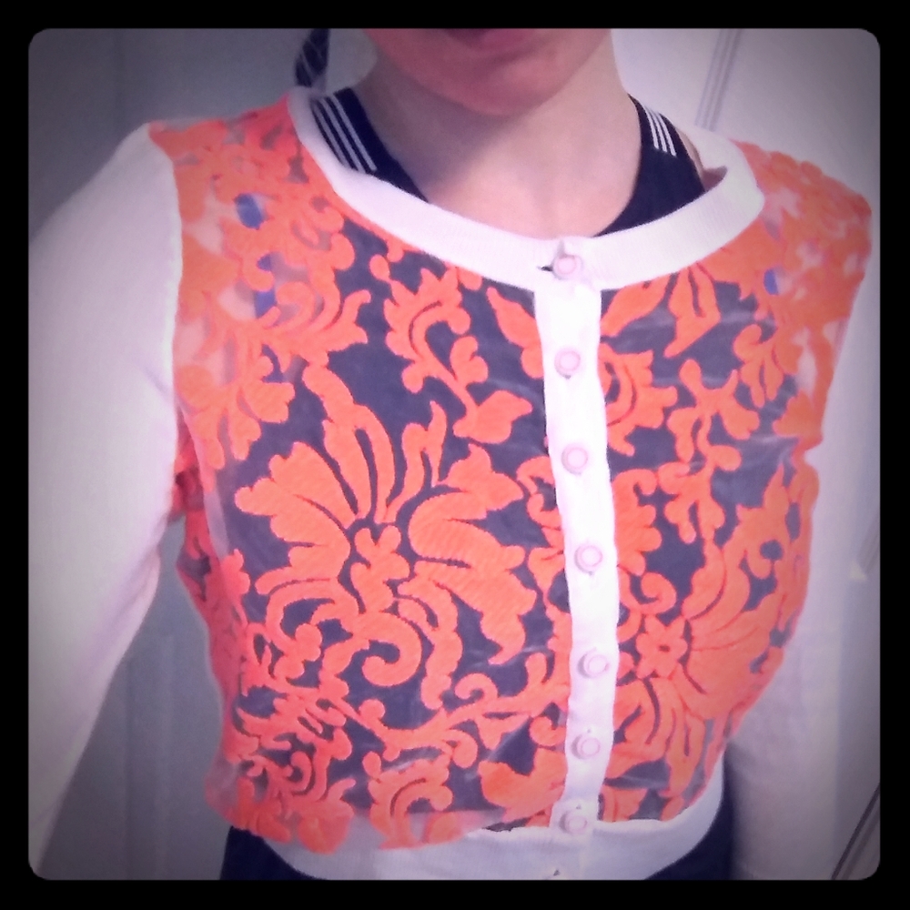 Boutique coral and white lace cardigan